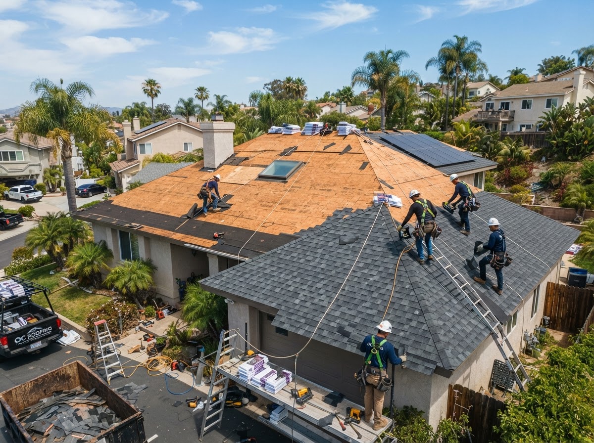 Professional roofing crew replacing a residential asphalt shingle roof with the wooden deck exposed