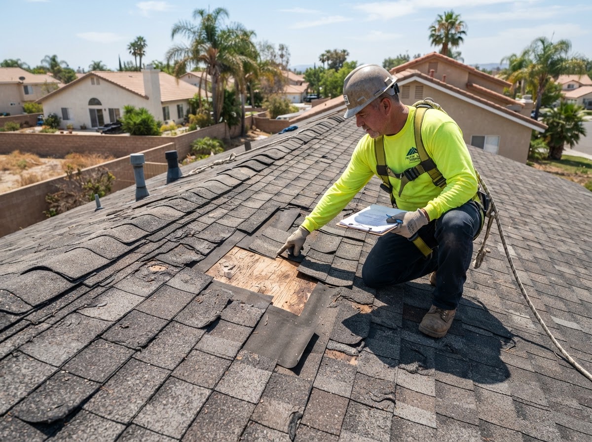 Aging residential asphalt shingle roof with worn, missing, and weathered shingles being inspected