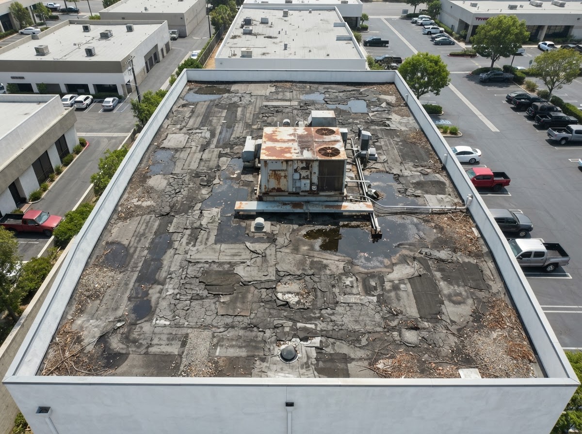 Before: weathered, cracked flat roofing system on a Cerritos, CA commercial building