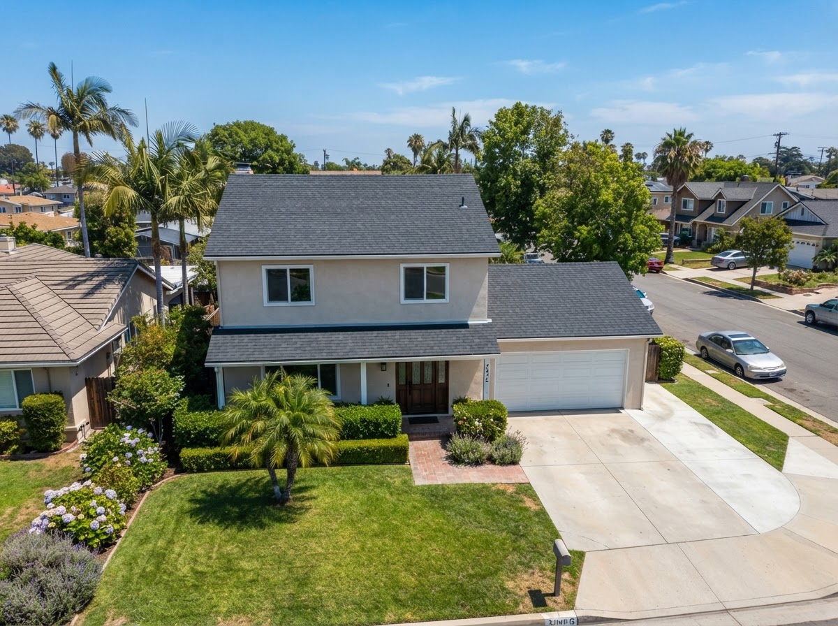 After: newly installed charcoal-gray asphalt shingle roof on the same Long Beach, CA home