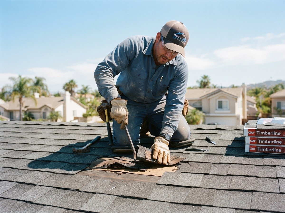 Professional roofer performing a targeted repair on a residential asphalt shingle roof