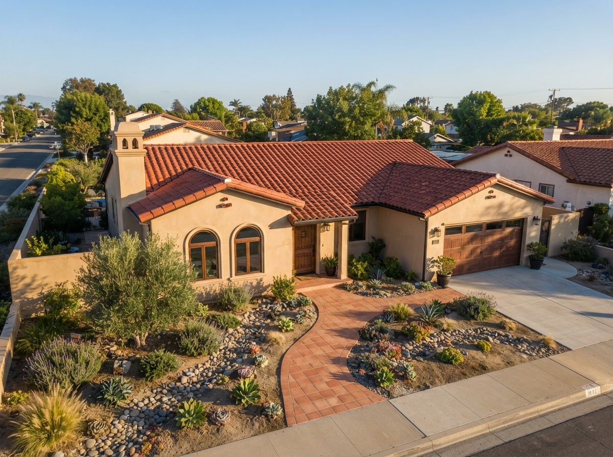 After: newly installed terracotta concrete tile roof on the same Los Alamitos, CA home
