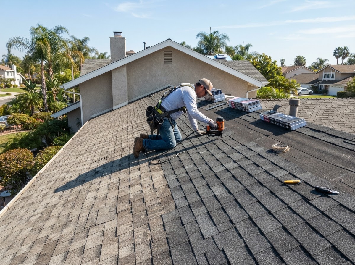 Residential asphalt shingle roof receiving a second layer of new shingles