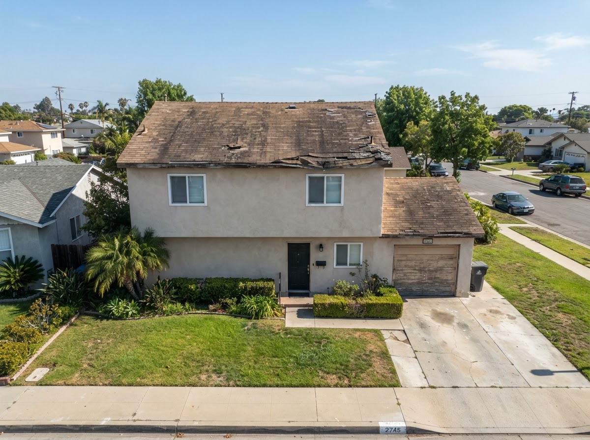 Before: aging, stained asphalt shingle roof on a Long Beach, CA home