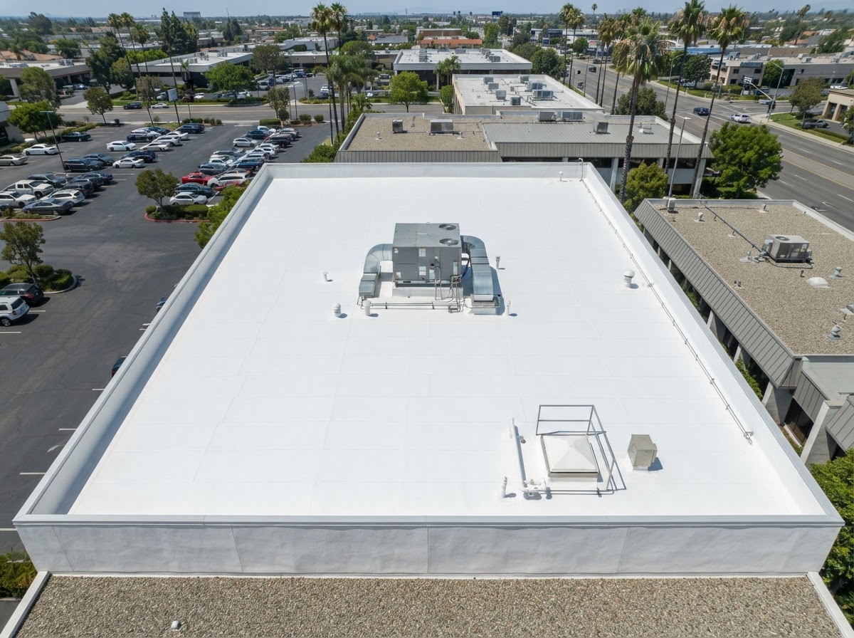 After: restored white TPO flat roofing system on the same Cerritos, CA commercial building