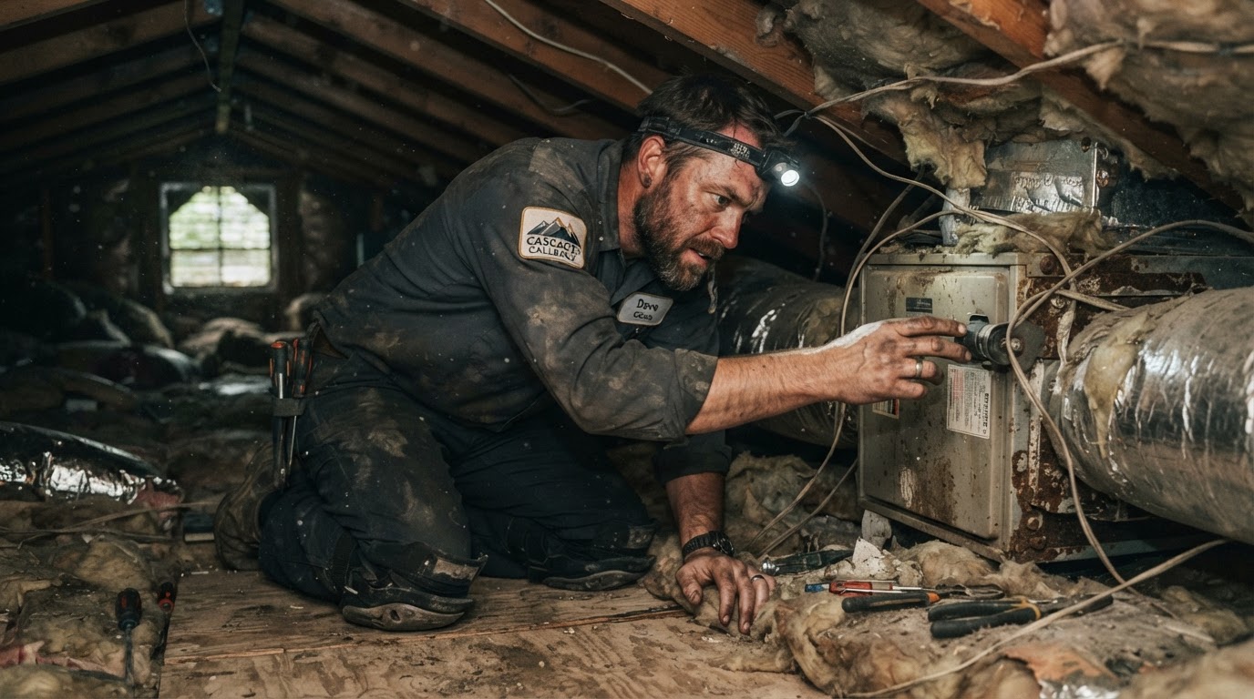 HVAC technician crouched in a cramped, dusty attic working on ductwork