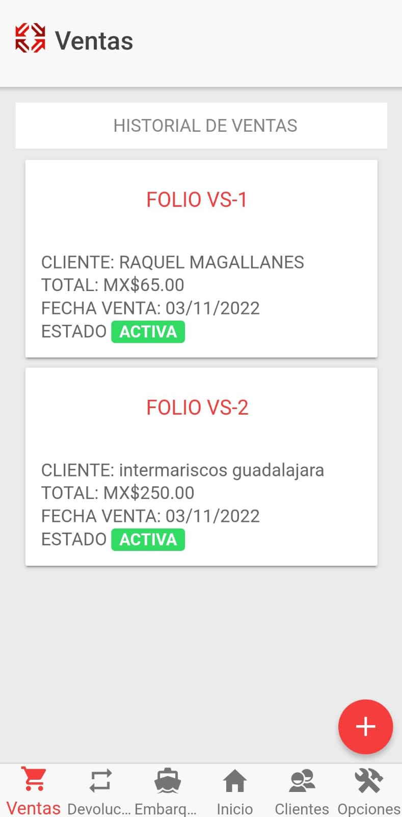 EnrutApp — historial de ventas