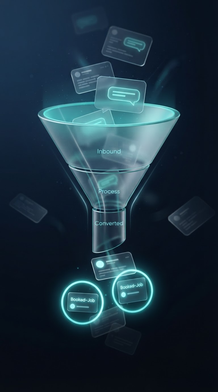 Frosted-glass CRM enquiry funnel with chat bubbles sliding toward a glowing teal funnel, some converting into booked-job cards and others drifting off into the dark