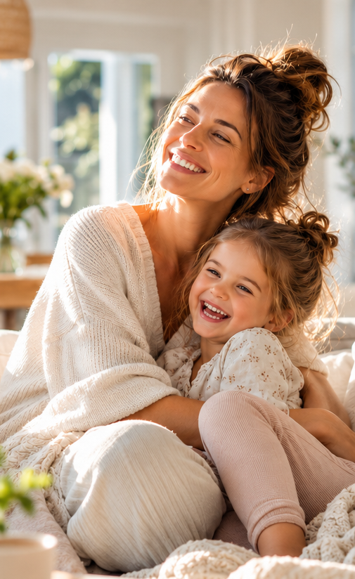 Mutter lacht glücklich mit ihrer Tochter auf dem Sofa, Geborgenheit und Freude – Bild 3: Aussicht auf mehr Leichtigkeit und Lebensfreude