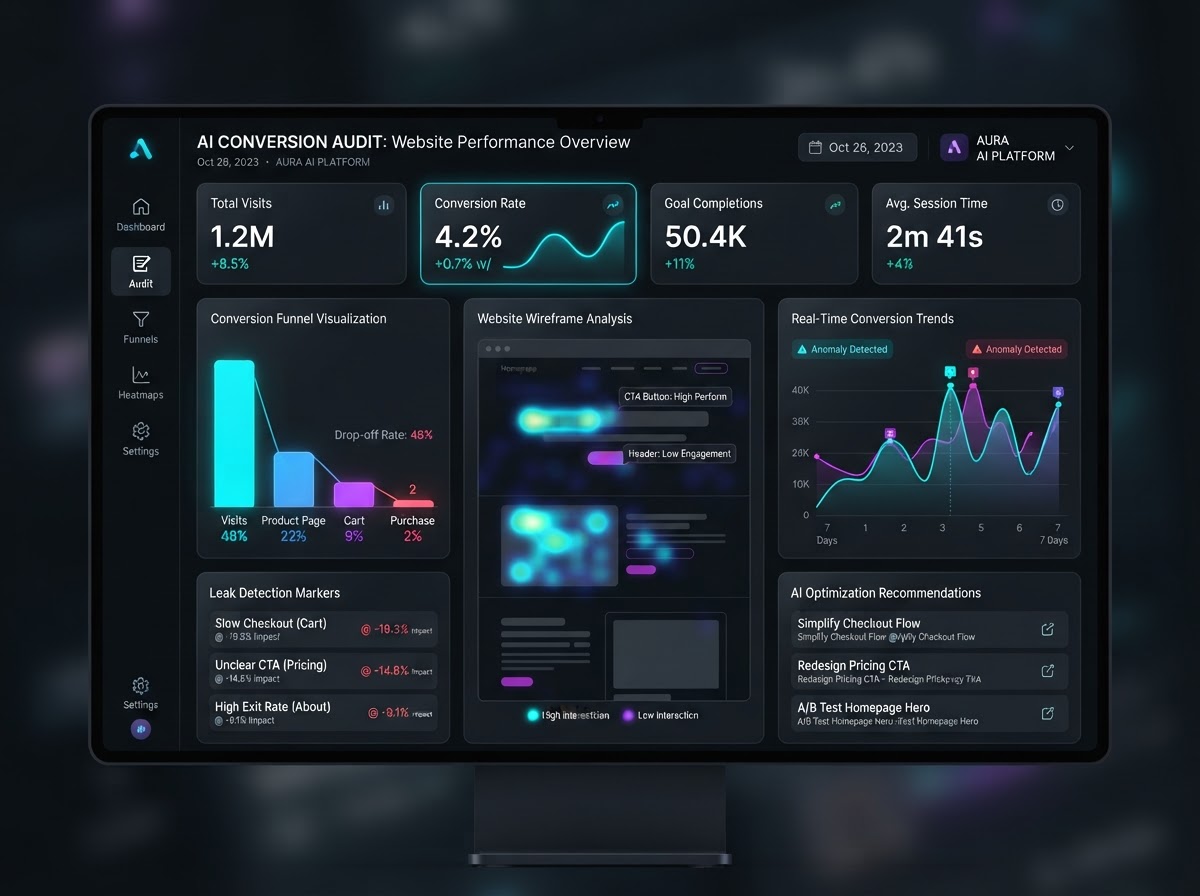 Convexa AI analyzing a website's conversion funnel with glowing neural light