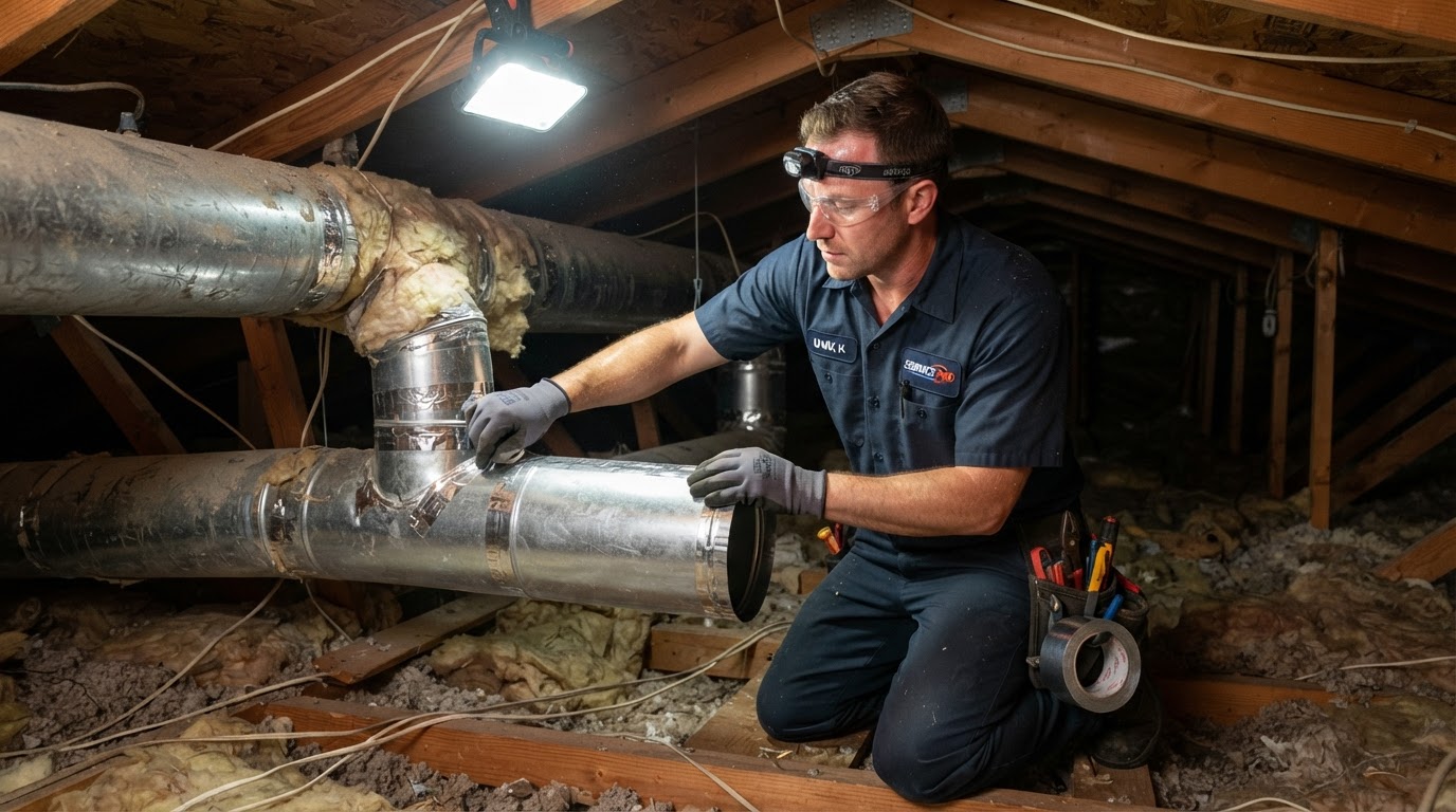 HVAC technician replacing and sealing metal air ducts in a residential attic