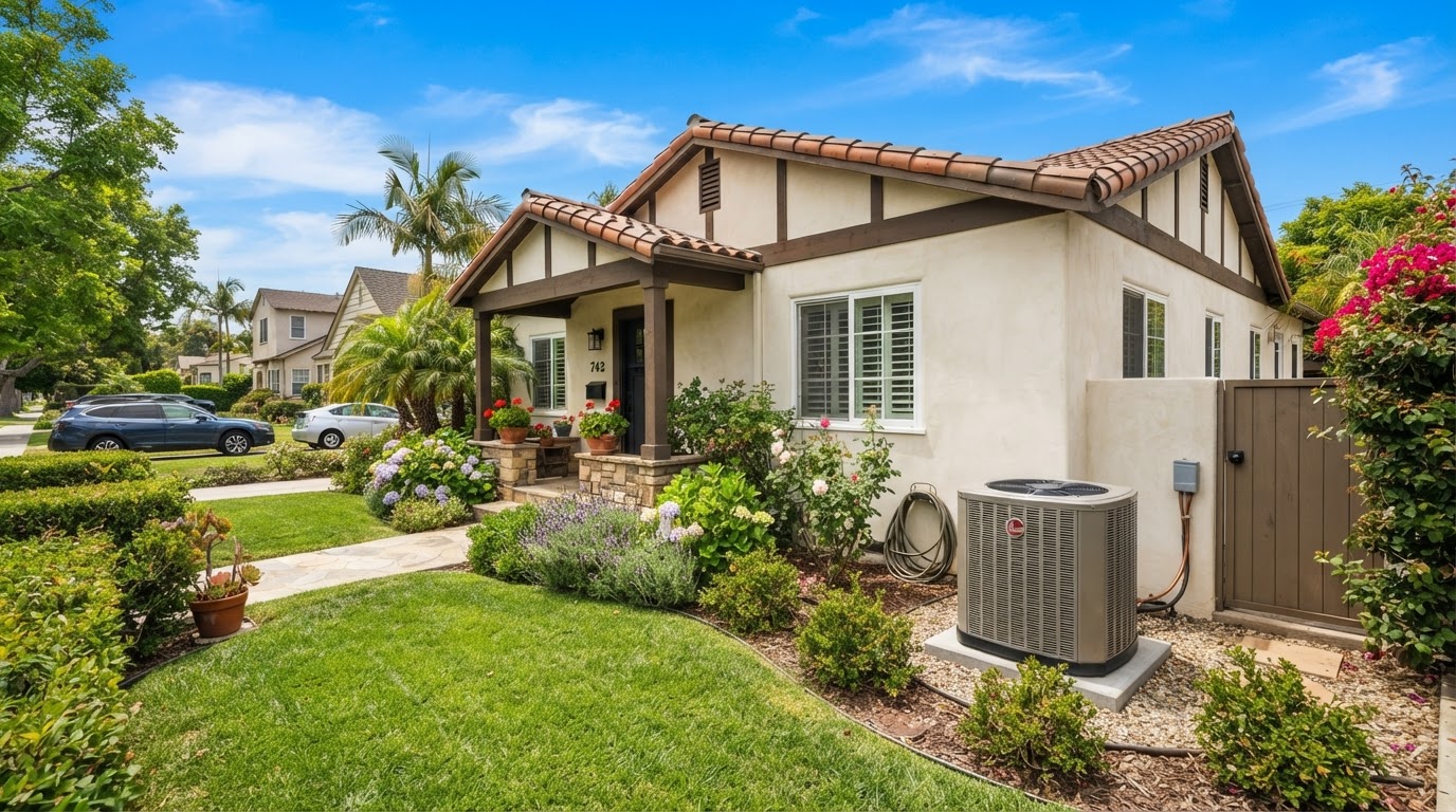 Cozy Southern California suburban home with a residential HVAC air conditioning condenser unit beside it
