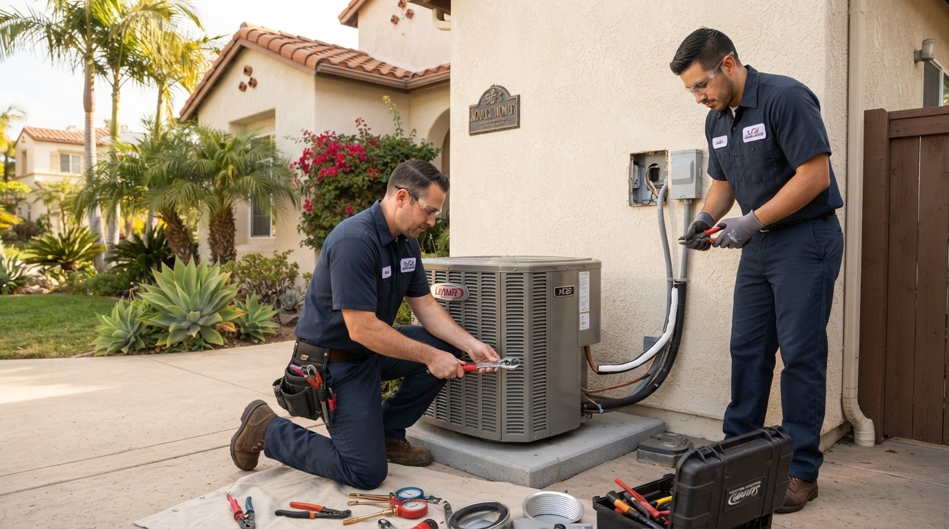 HVAC technicians installing a new air conditioning and heating system unit outside a Southern California home
