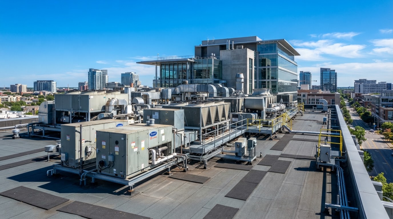 Commercial building rooftop with large commercial HVAC air conditioning units under a clear blue sky