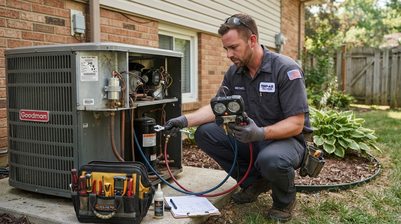 HVAC technician servicing an air conditioning system in Pasadena, Los Angeles County