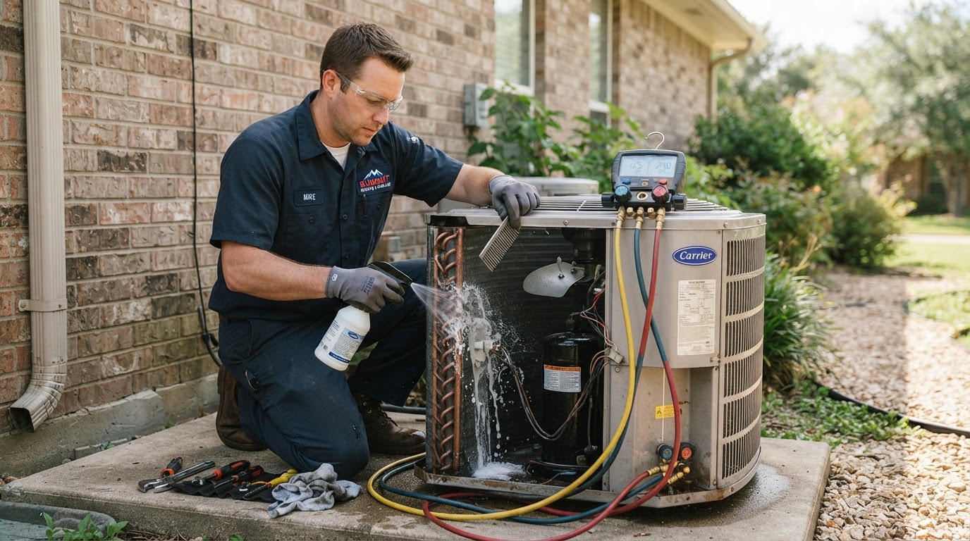 HVAC technician performing seasonal maintenance tune-up on an air conditioning unit