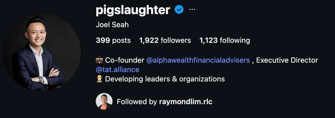Joel Seah (@pigslaughter) verified Instagram profile