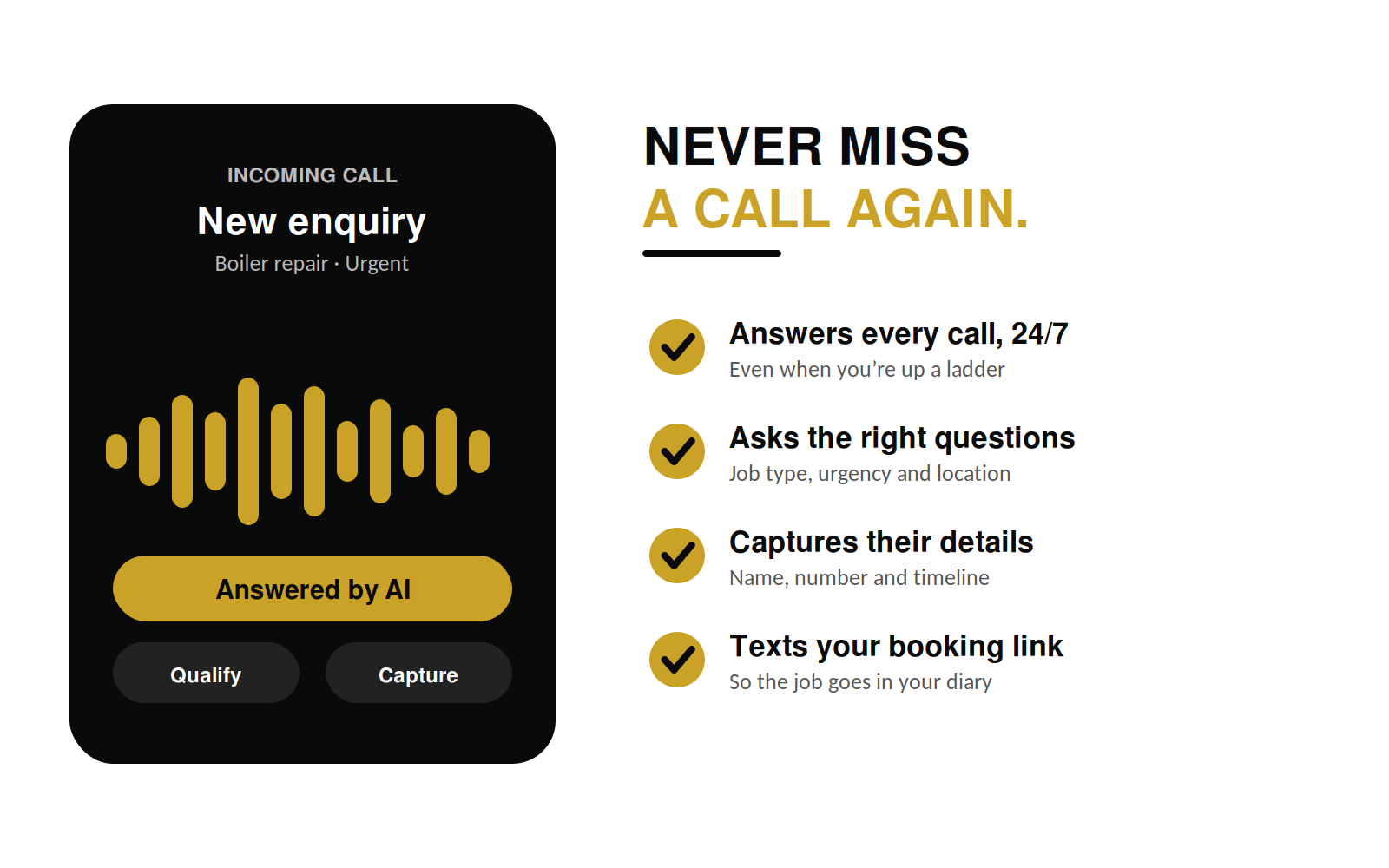 AI Receptionist answering contractor calls 24/7, qualifying leads and capturing job details