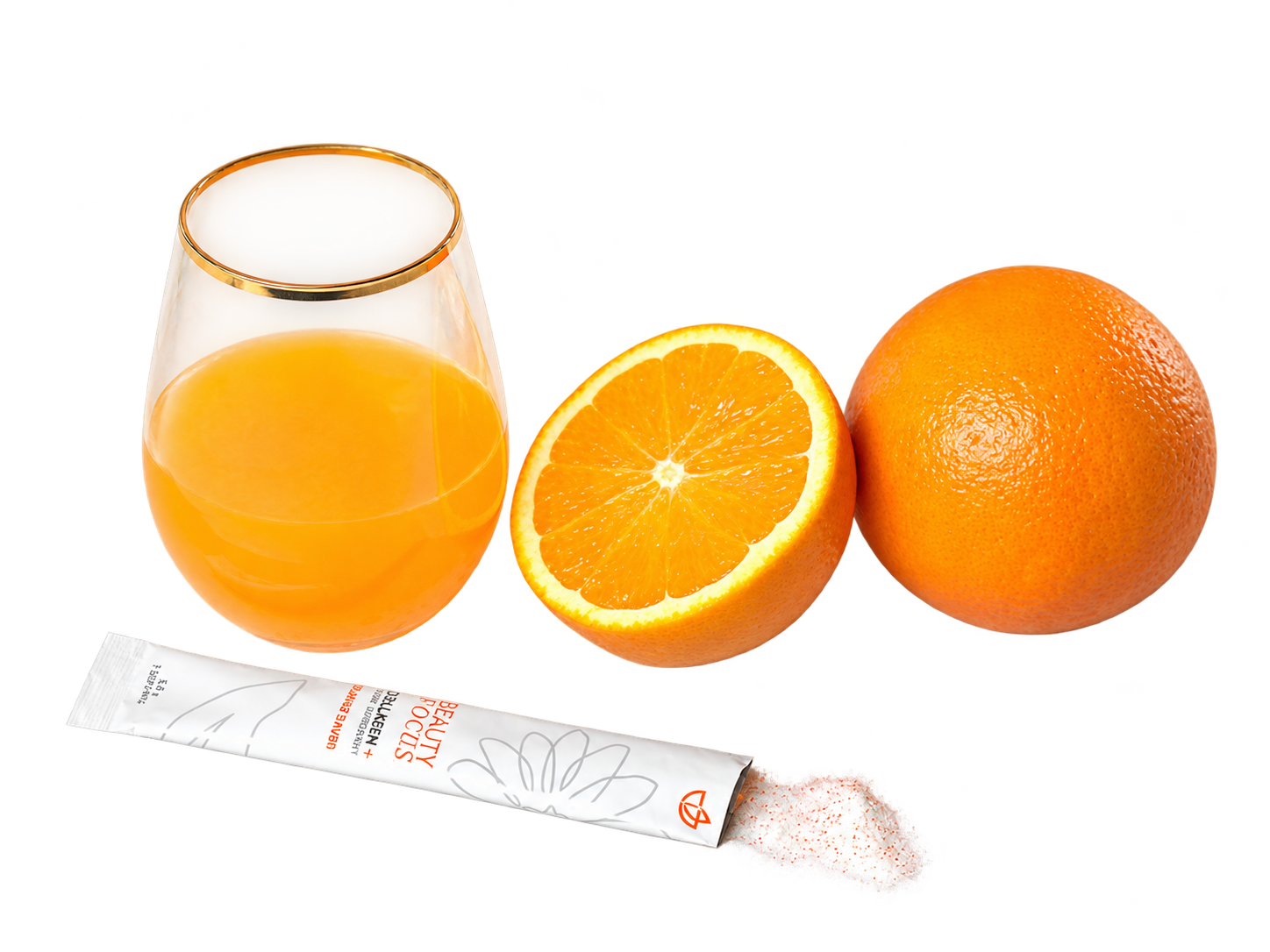 Beauty Focus Collagen+ — sklenice, pomeranče a sáček kolagenu