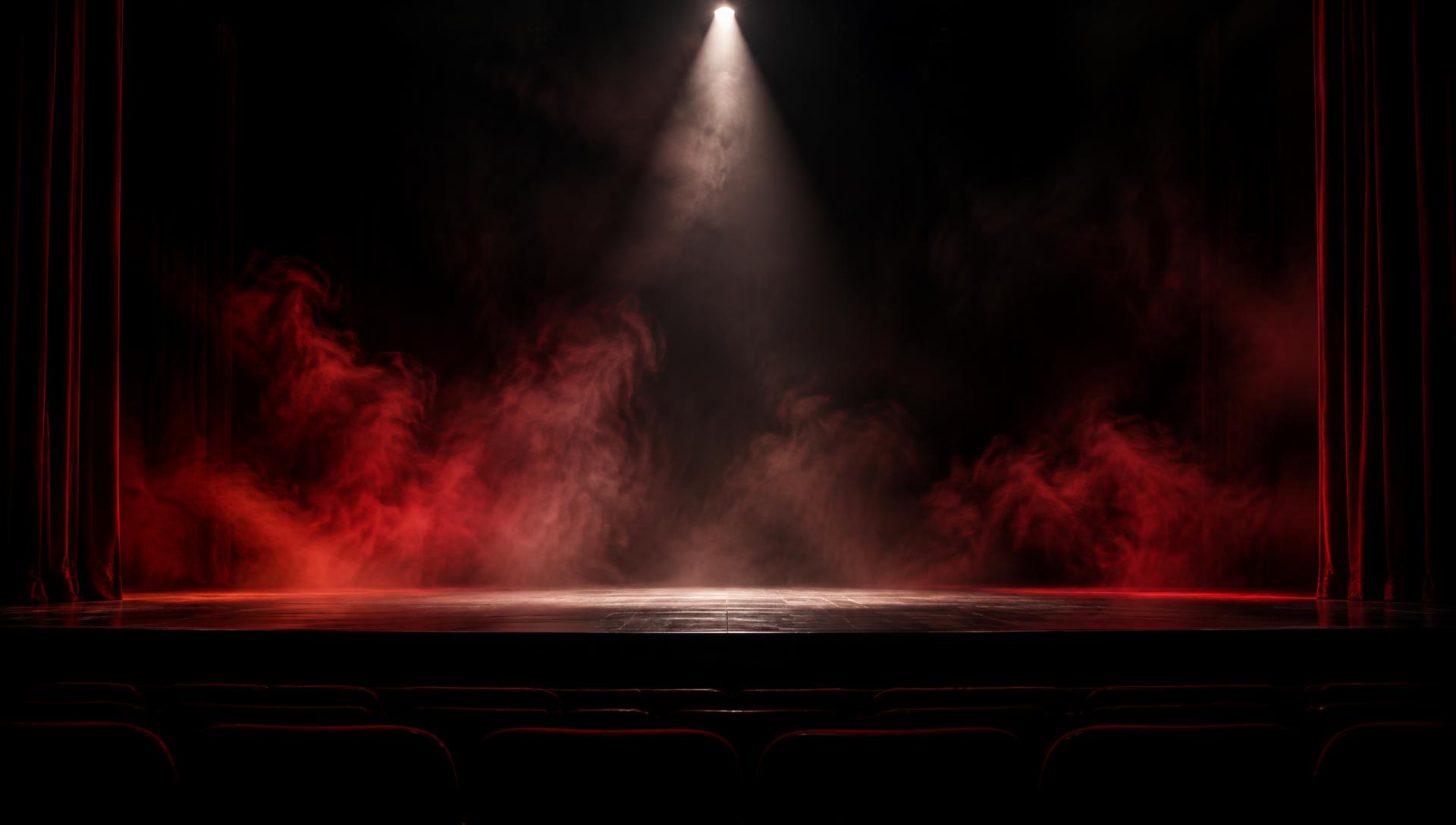 Escenario de teatro con humo rojo durante un espectáculo de magia