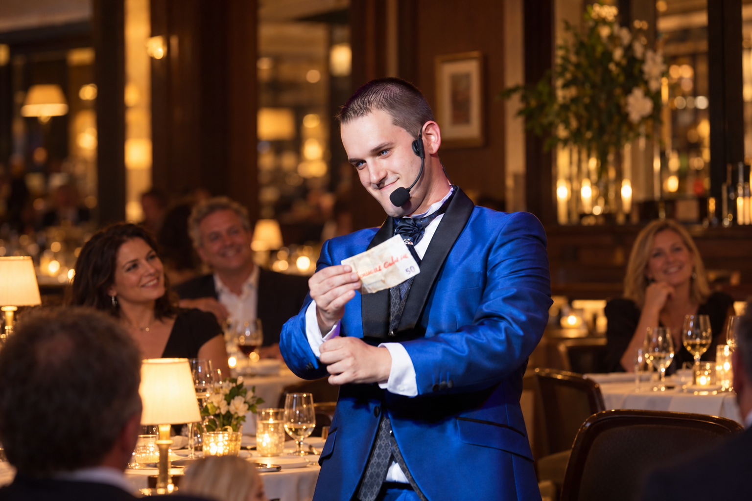 Gales realizando magia de cerca para los comensales durante una cena en un restaurante