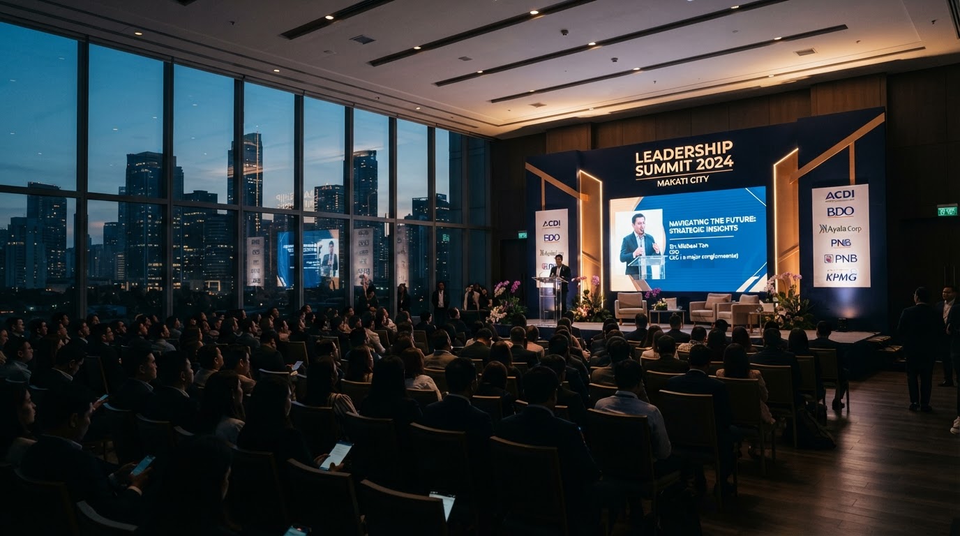 The Executive Growth Workshop hall with a navy stage and warm gold accent lighting