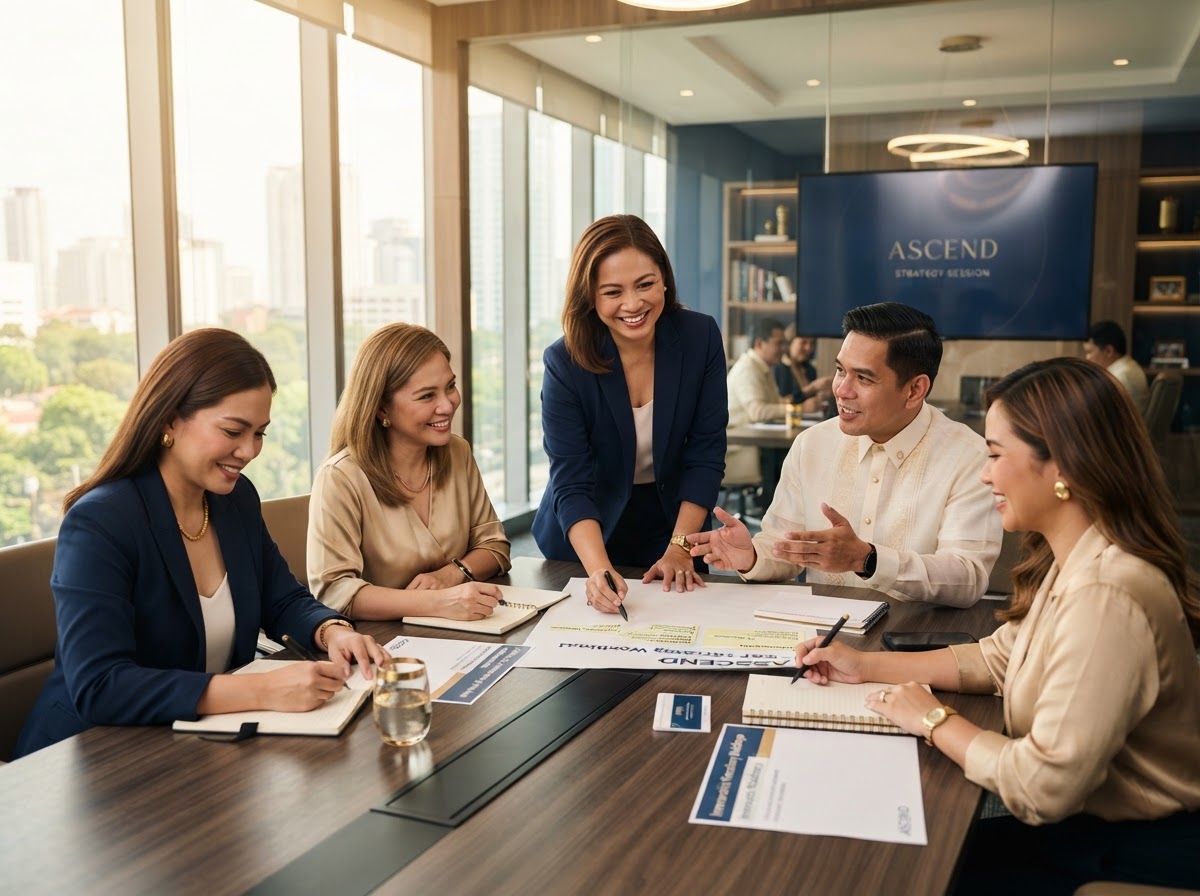 Filipino executives and entrepreneurs collaborating in a hands-on workshop with a facilitator