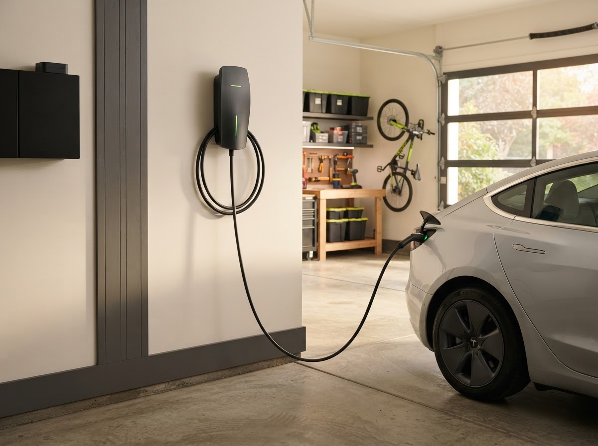 Level 2 home electric vehicle charging station neatly installed on a modern garage wall connected to a vehicle