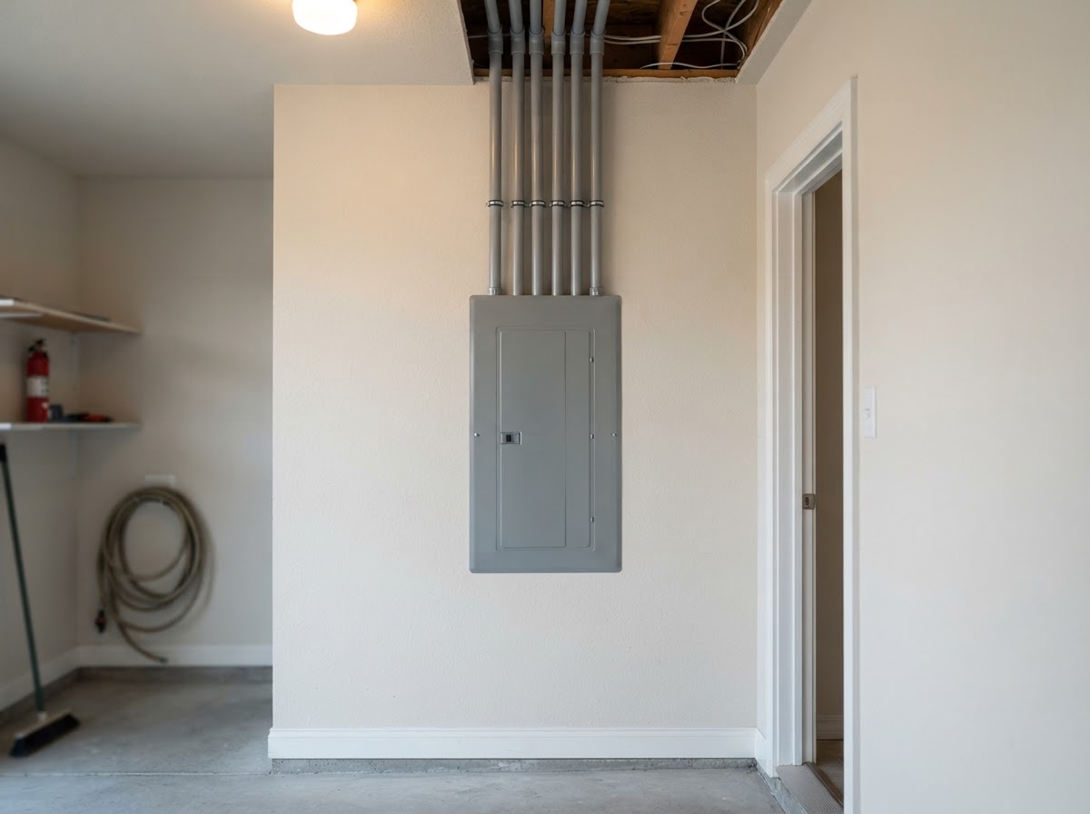 Modern closed residential electrical panel installed neatly on a utility room wall