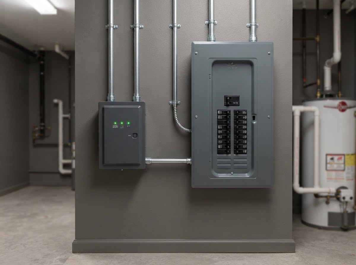 Whole-home surge protection unit mounted neatly via conduit beside a residential breaker panel