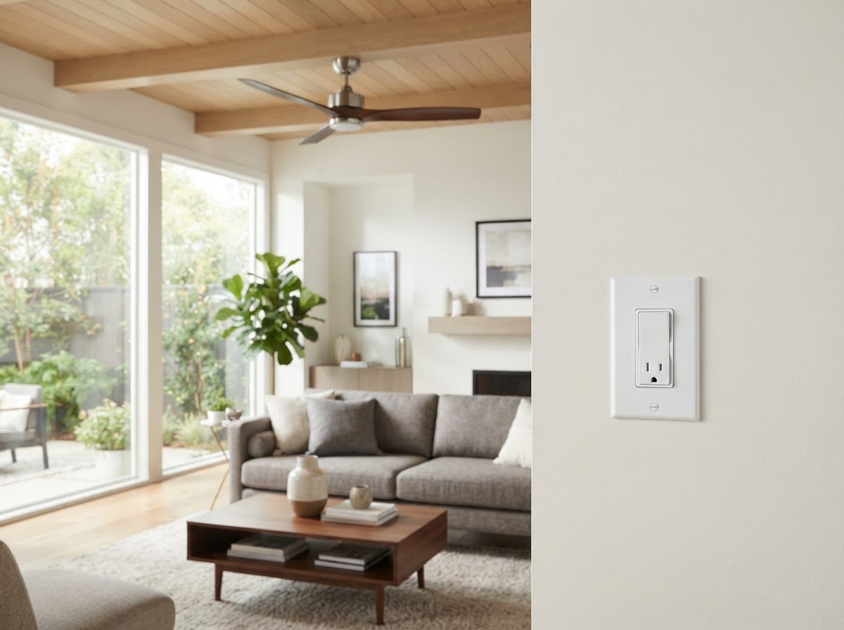 Modern residential interior with contemporary wall switch plate in foreground and installed ceiling fan in background