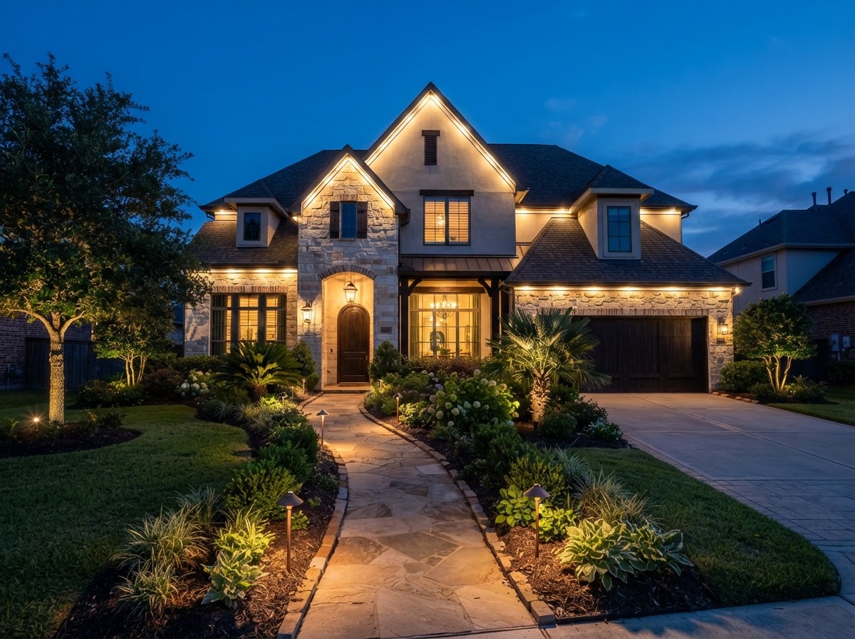 Houston home at dusk with warm architectural accent, entry, and pathway landscape lighting