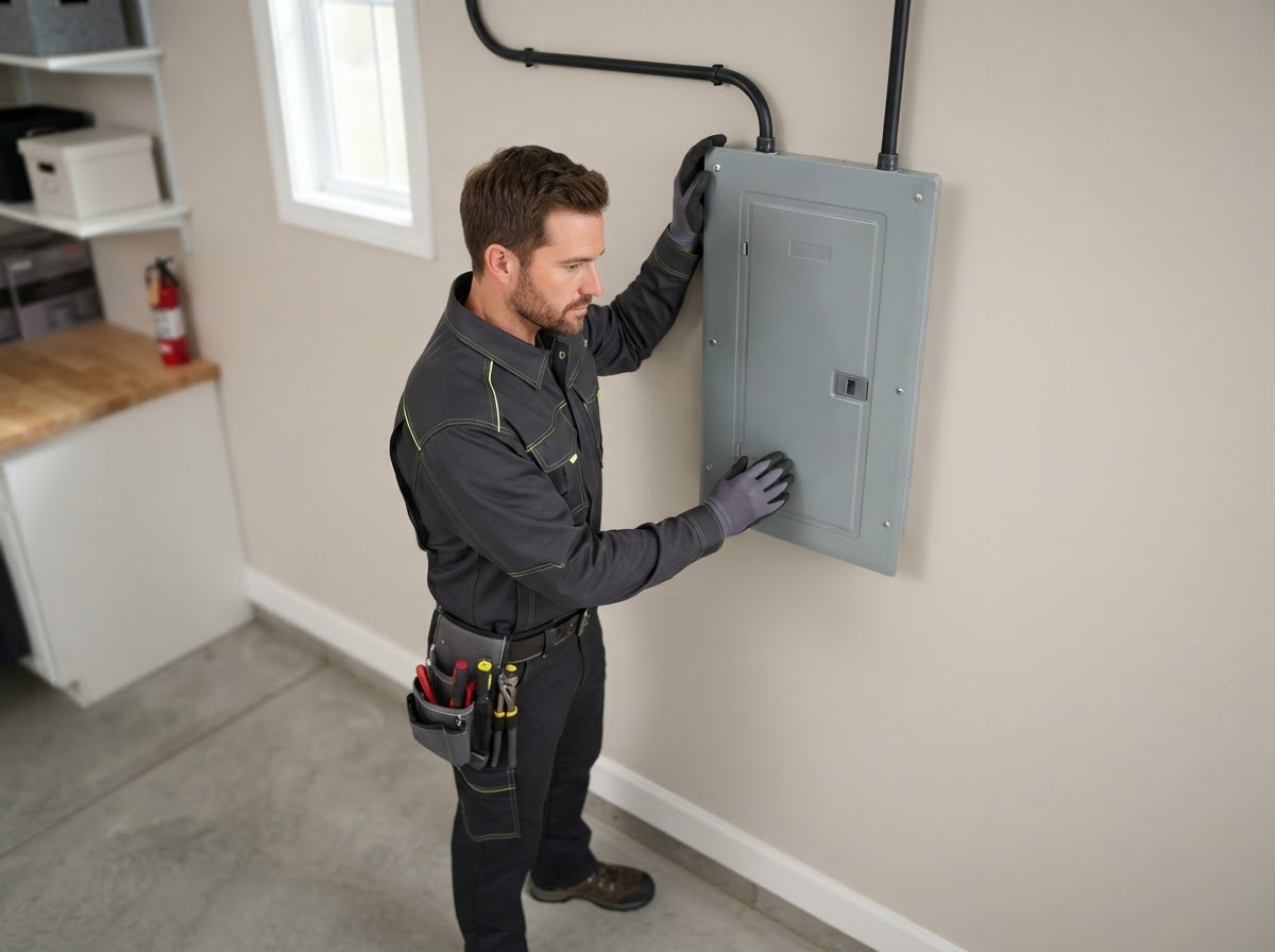 Residential electrician inspecting a clean, modern closed electrical panel in a home