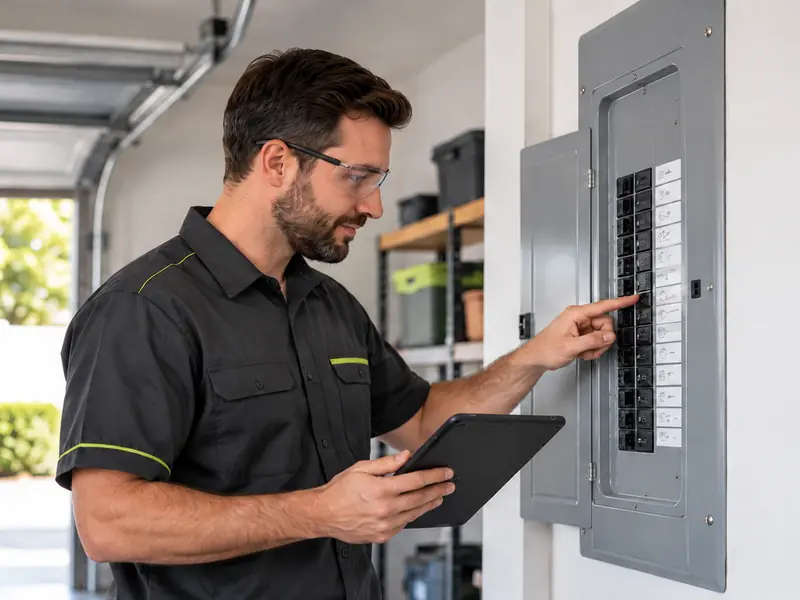 Electrician in uniform inspecting a residential electrical panel with a tablet