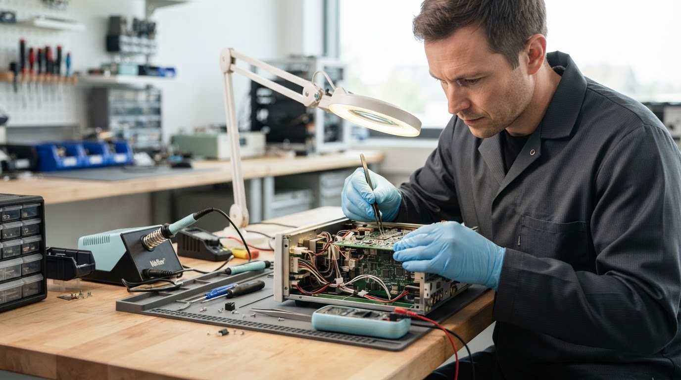 Technician working carefully on maintenance equipment