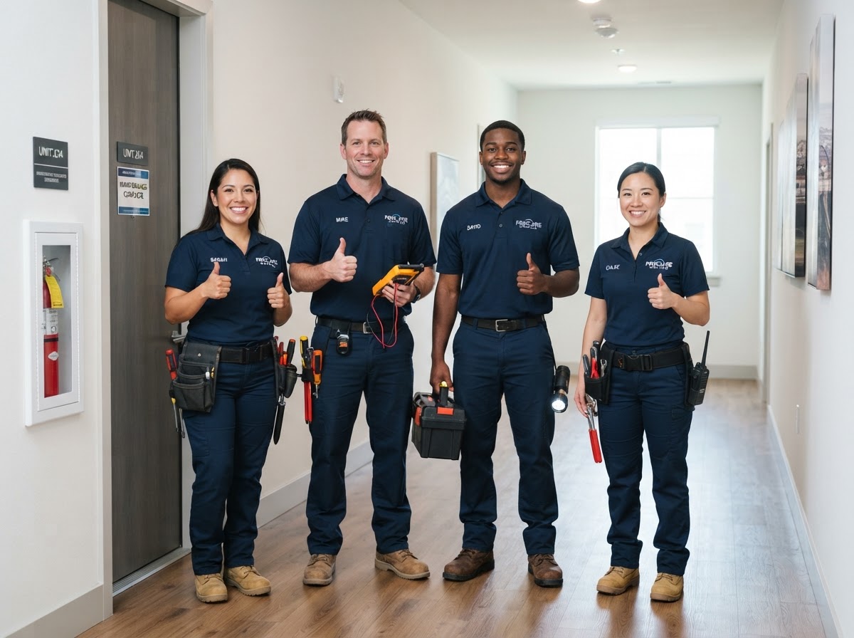 Professional maintenance technicians team with tools in a modern home
