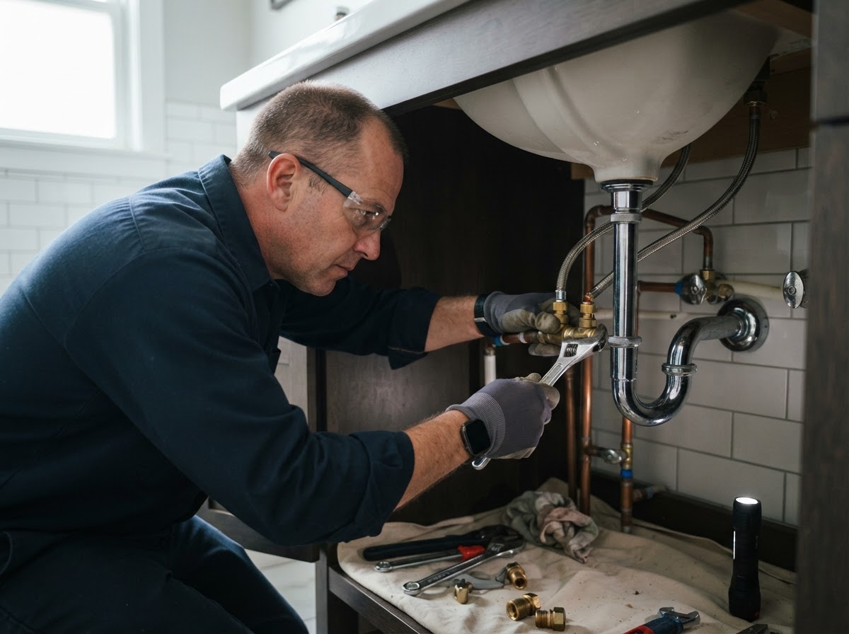 Plumber repairing a sink or plumbing fixture in a residential bathroom