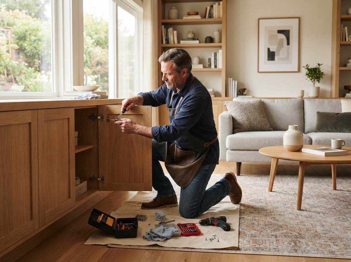 Carpenter repairing a wooden cabinet in a residential living room