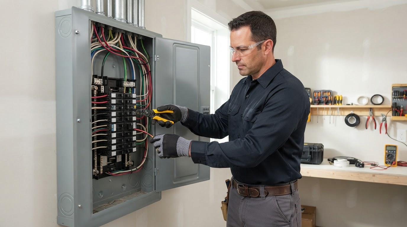 Qualified electrician working on an electrical installation panel in a modern property