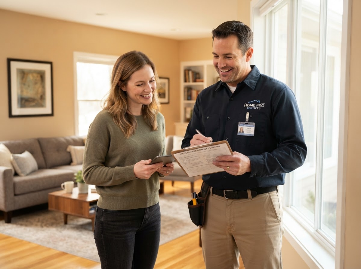Maintenance professional discussing property details with customer