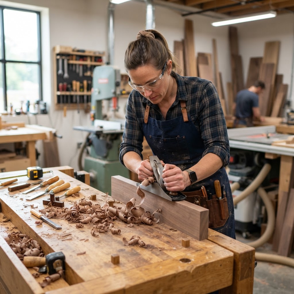 Professional carpenter performing woodwork with precision tools