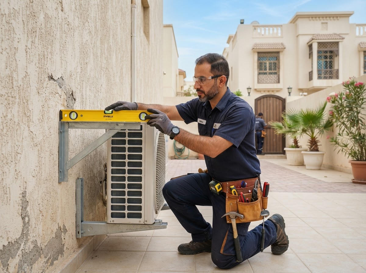 Professional maintenance technician equipped with tools working on residential maintenance in Qatar
