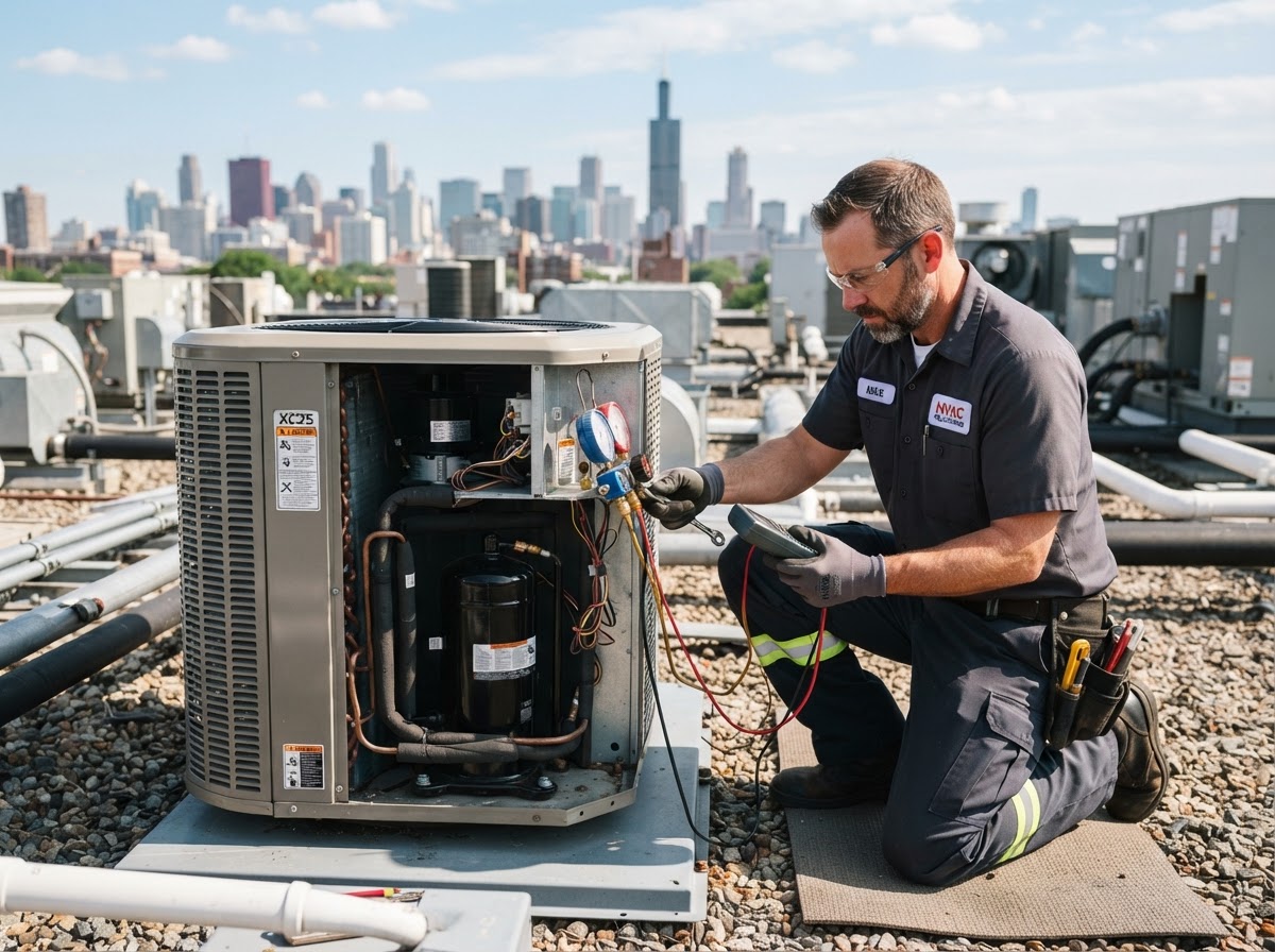 Professional HVAC technician inspecting and servicing an outdoor air conditioning unit
