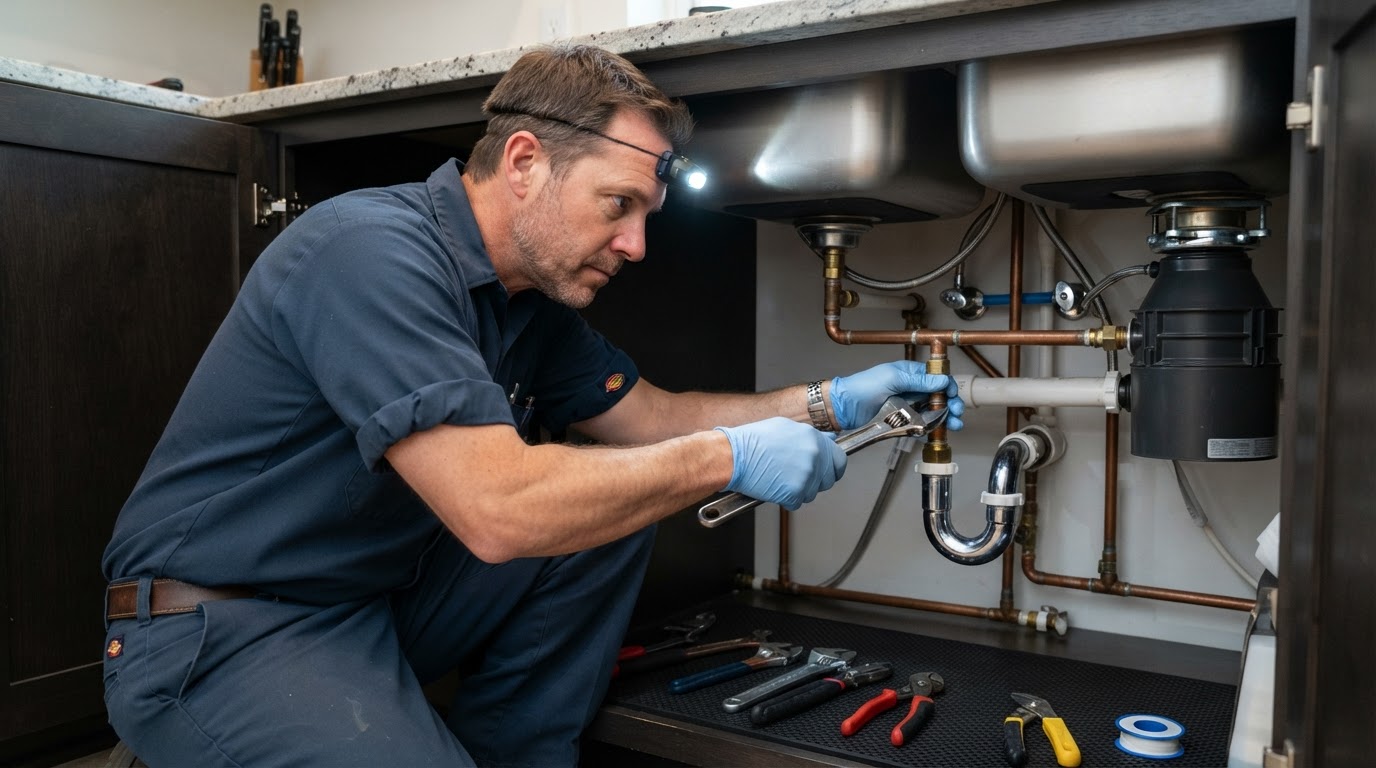 Professional plumber carrying out repairs on plumbing pipes and fixtures