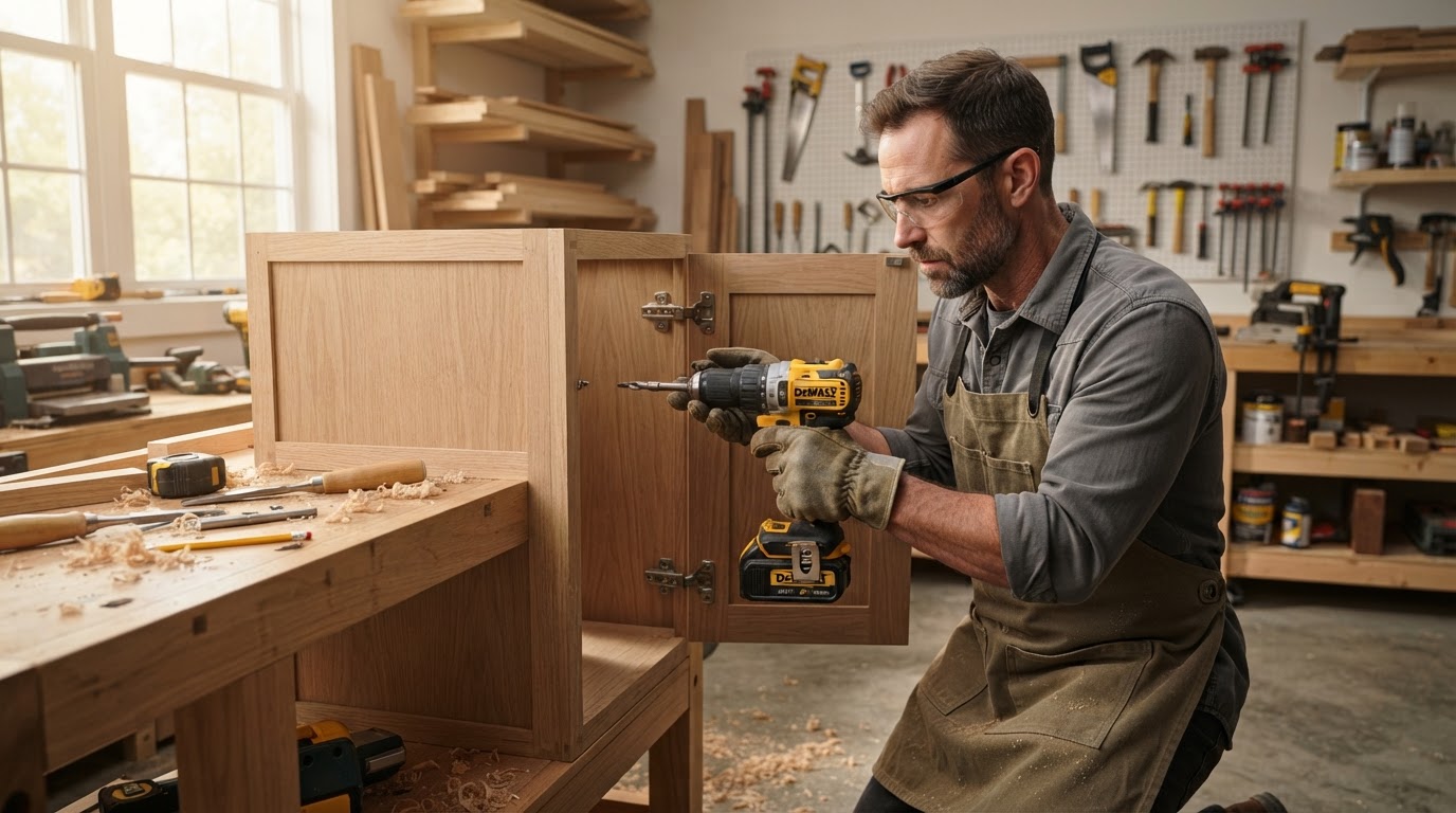 Professional carpenter using a power drill on a wooden cabinet in a workshop