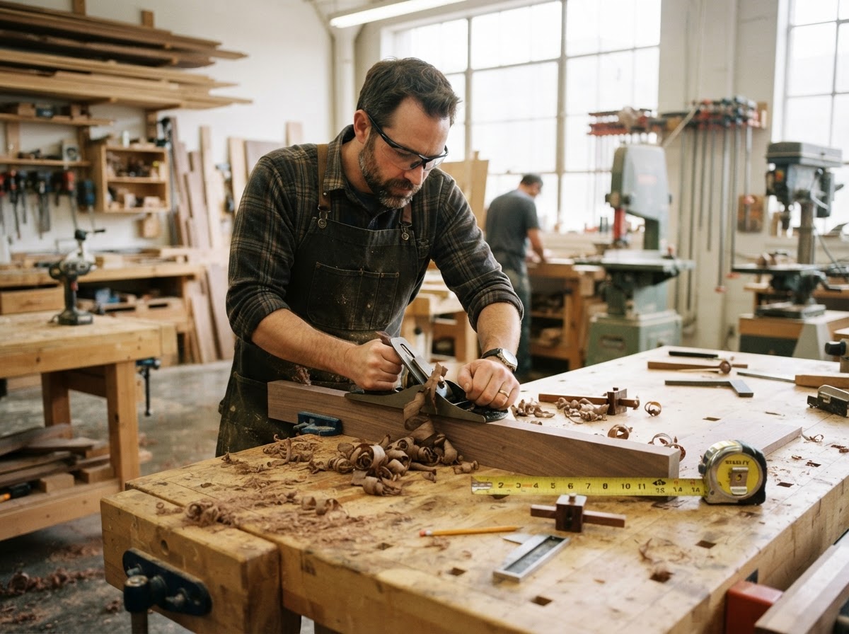 Carpenter working with wood in a professional workshop