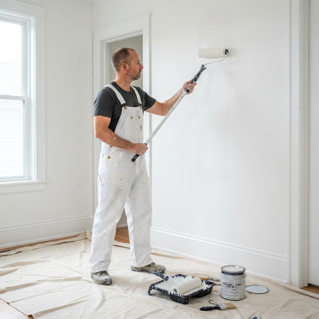 Painter working on an interior wall with a paint roller