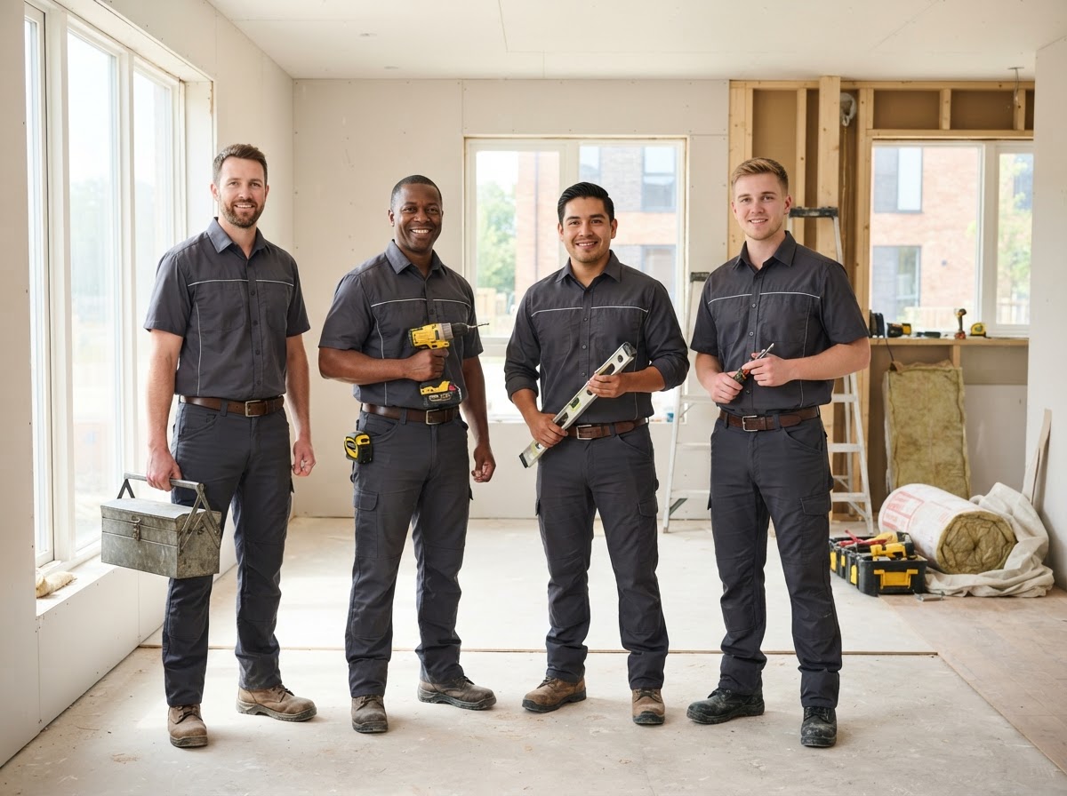 Professional maintenance technicians team inside a modern residential property