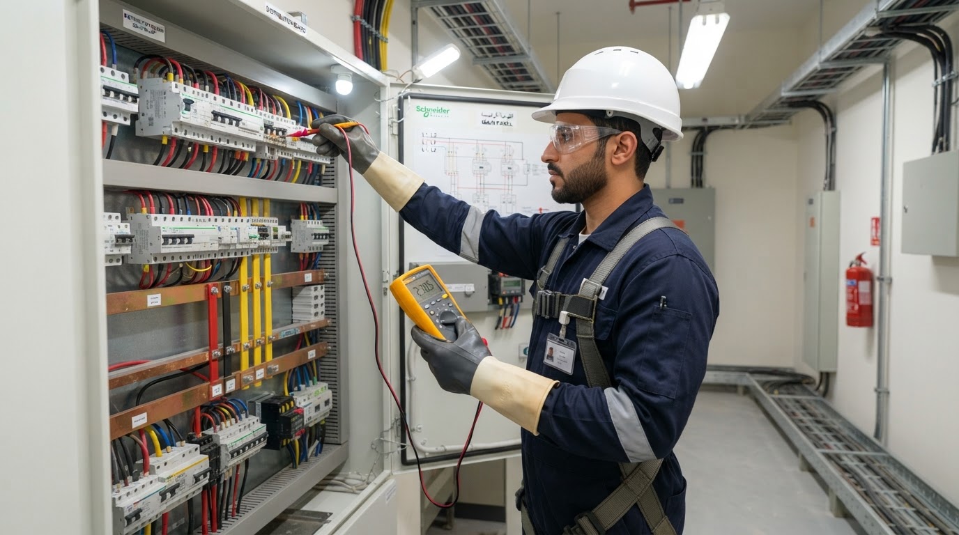 Qualified electrician inspecting and working safely on an electrical distribution installation