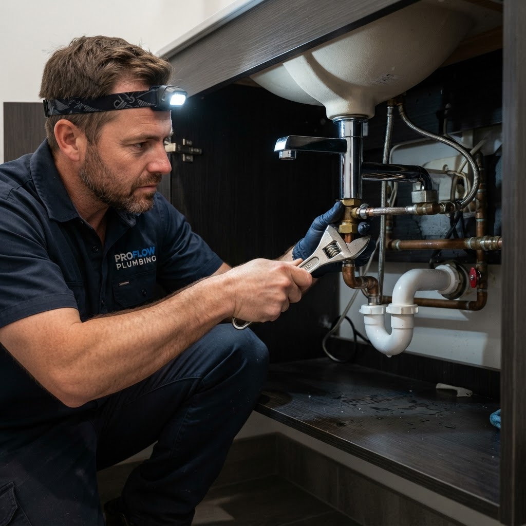 Plumber repairing a sink faucet and plumbing fixture